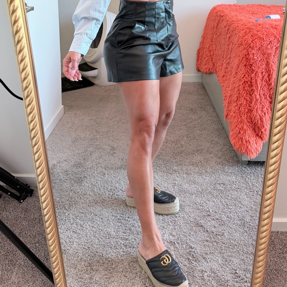 DO+BE Sky Blue Top and Black Leather Shorts